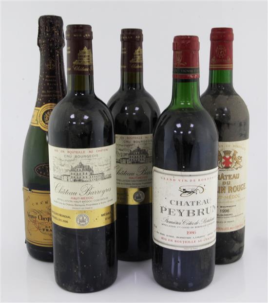 One bottle of Veuve Clicquot Ponsardin, 1988, two bottles of Chateau Barreyies, 2004 and two other red Bordeaux wines.